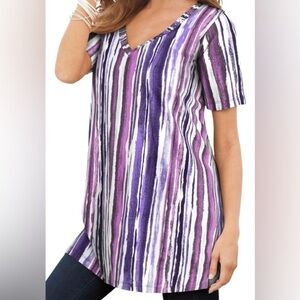 Roaman’s Women’s Plus Size Striped V-neck Short Sleeve T-shirt